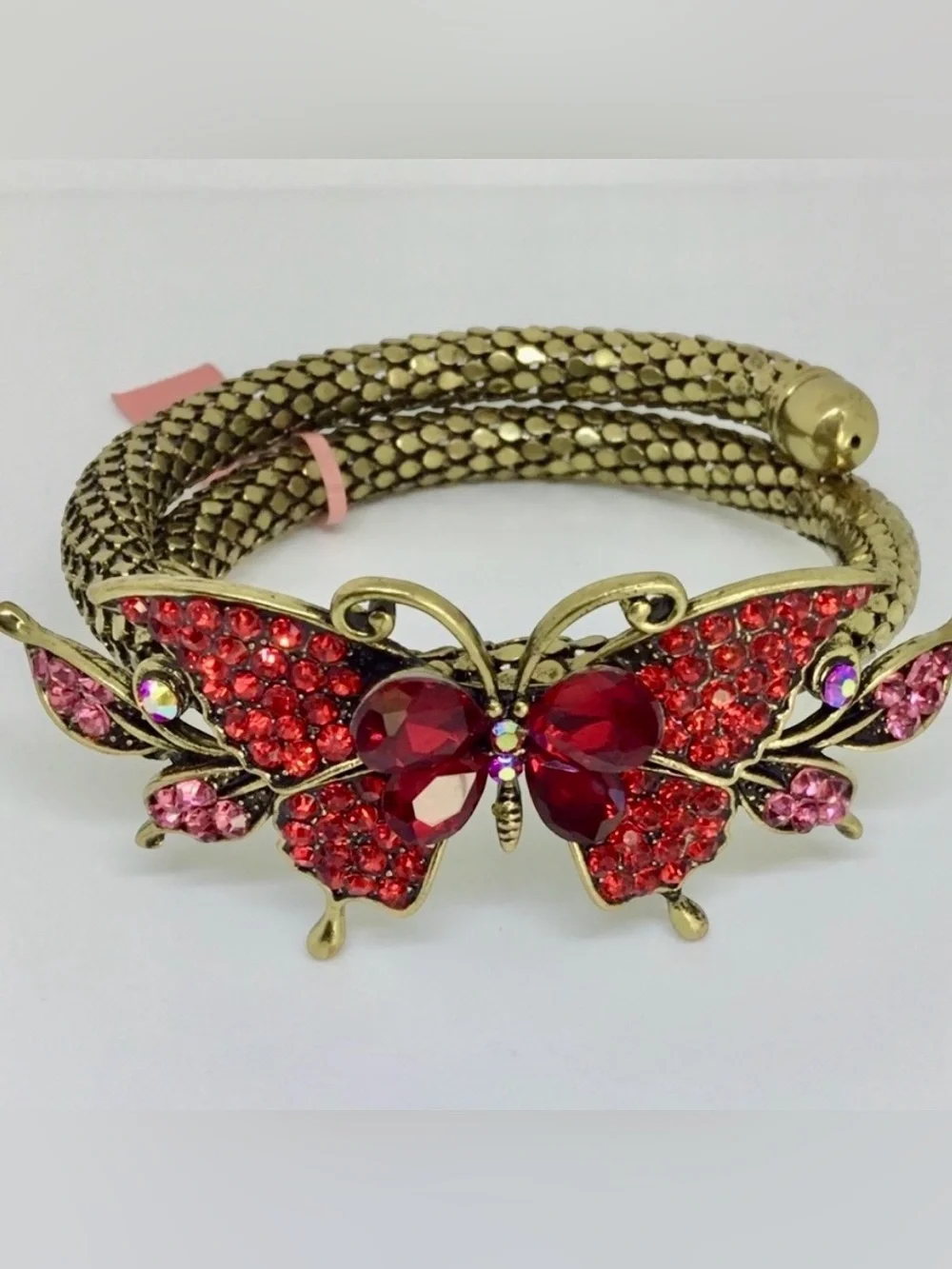 Butterfly statement bracelet gold tone, mesh cuff w red rhinestones new
